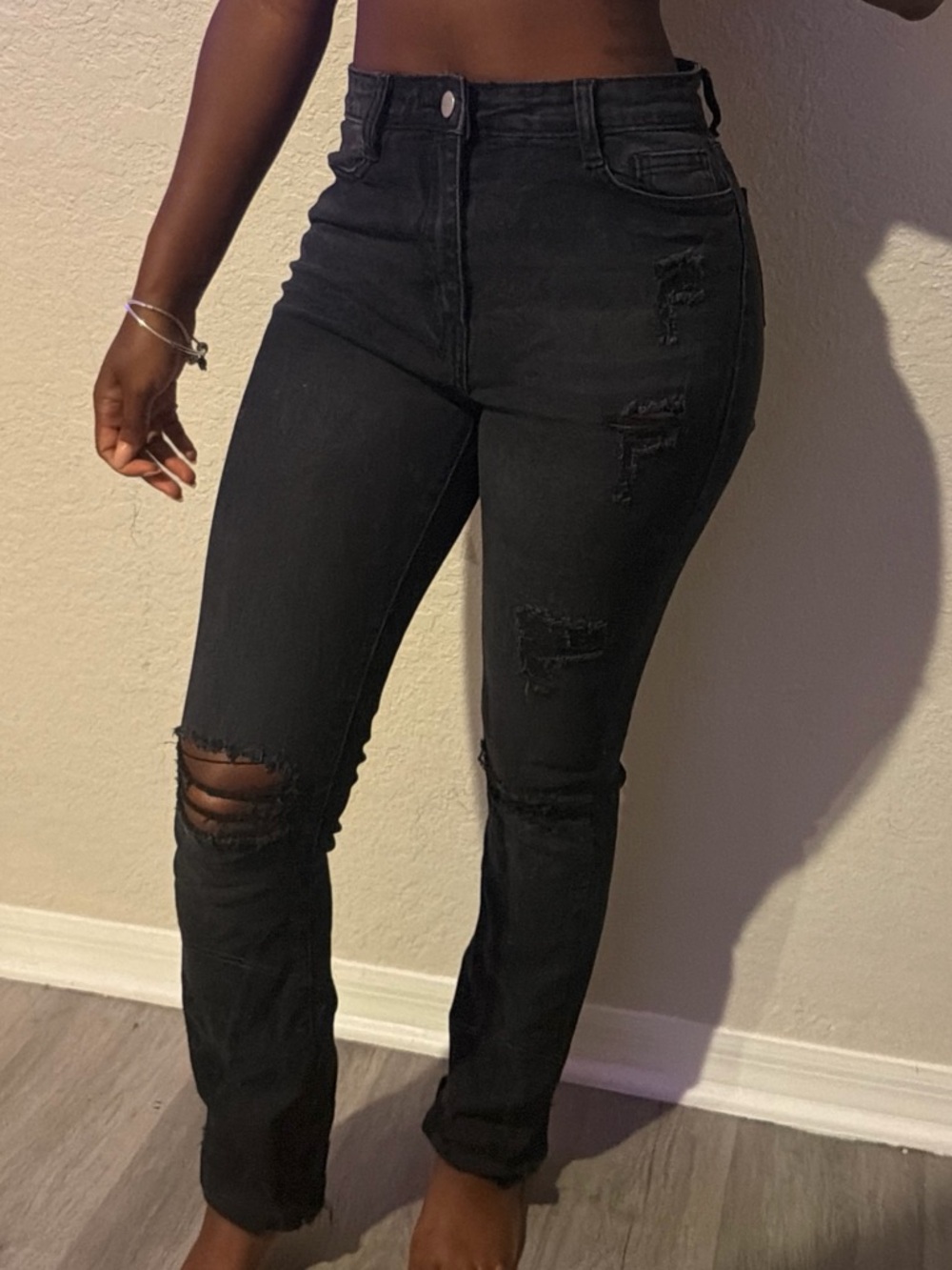 SHEIN Black High-Rise Straight Leg Distressed Jeans